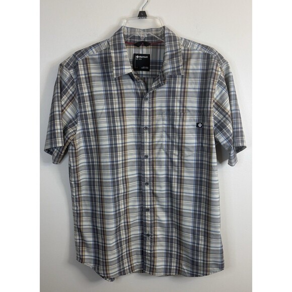 MARMOT Button Up Short Sleeve Shirt Men Large Gray Plaid Lightweight Casual - Picture 1 of 9